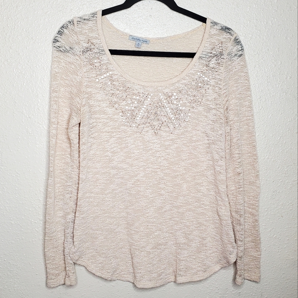 Charlotte Russe Sheer Scoop Neck Sparkly Cream Longsleeve Sweater (Size: M)